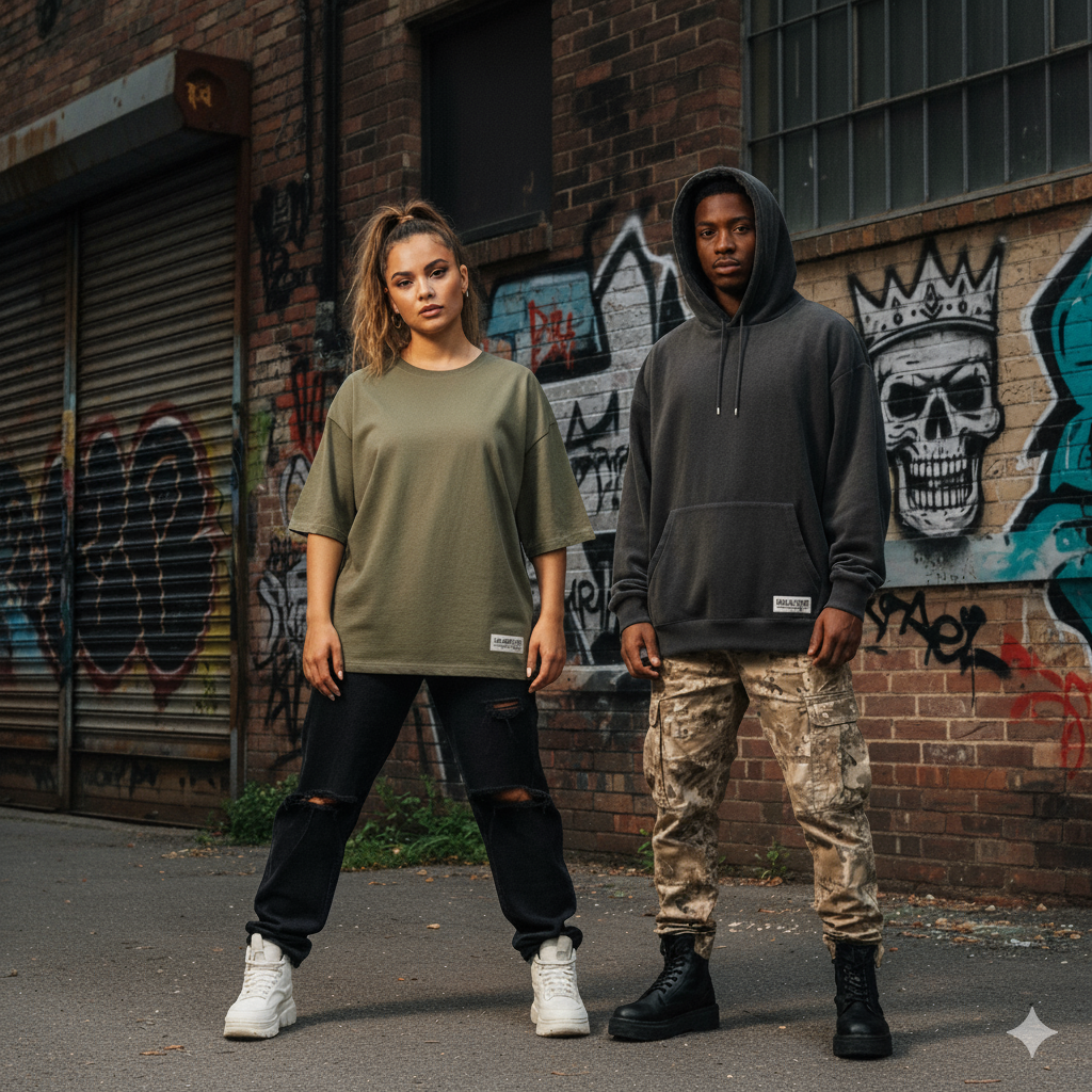 Two people standing in front of a graffiti-covered wall.